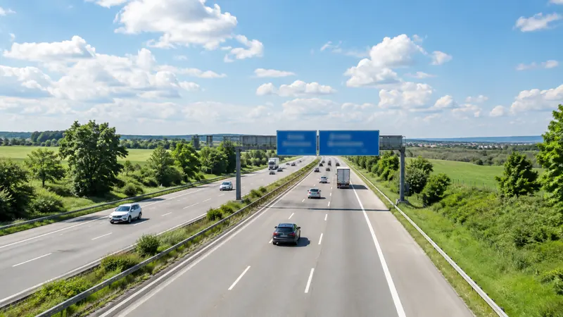 Blaue Autobahnschilder über einer sonnigen Autobahn in Deutschland