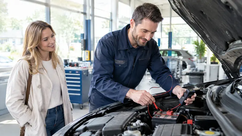 Mechaniker misst unter der geöffneten Motorhaube die Spannung einer Autobatterie