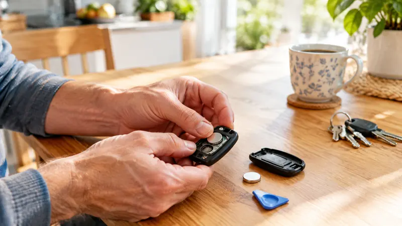 Hände wechseln die Knopfzelle in einem geöffneten Autoschlüssel