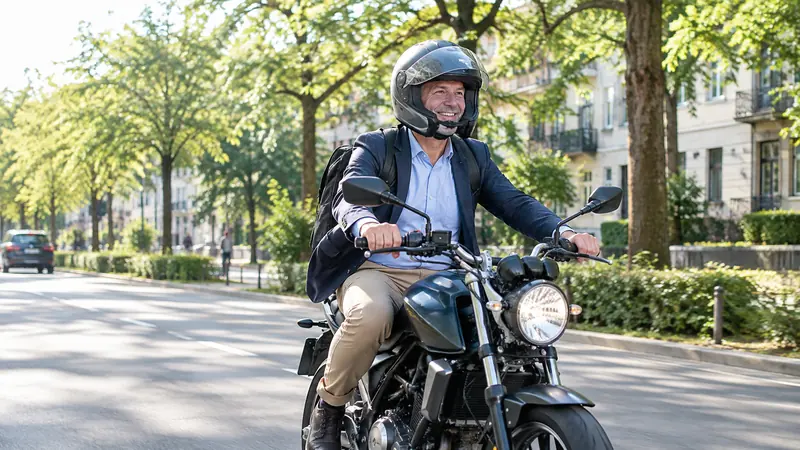 Pendler fährt mit einem 125er Motorrad durch eine sonnige Stadtstraße