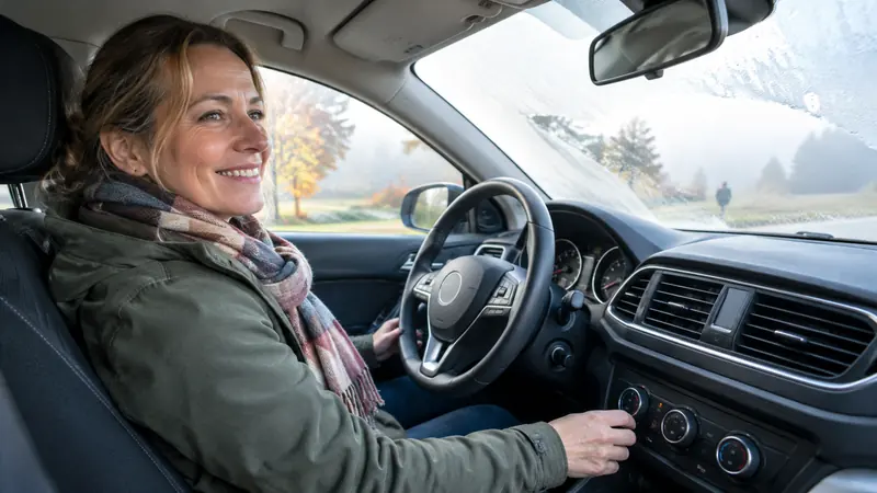 Frau sitzt am Steuer und beobachtet, wie die beschlagene Frontscheibe von unten frei wird