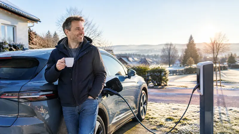 Mann mit Kaffeebecher neben seinem Elektroauto an einer Ladesäule an einem frostigen Morgen