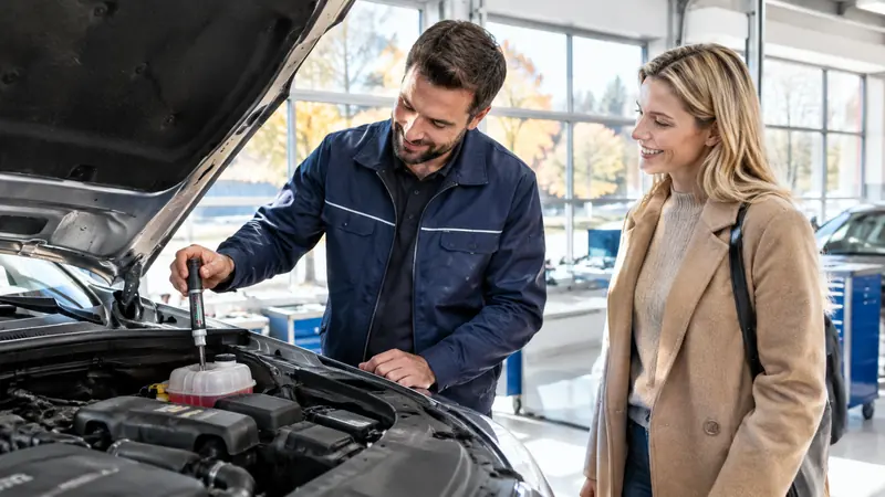 Mechaniker prüft mit einem Messgerät den Frostschutz im Kühlwasser eines Autos