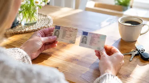 Hände halten einen alten und einen neuen Kartenführerschein auf einem Küchentisch