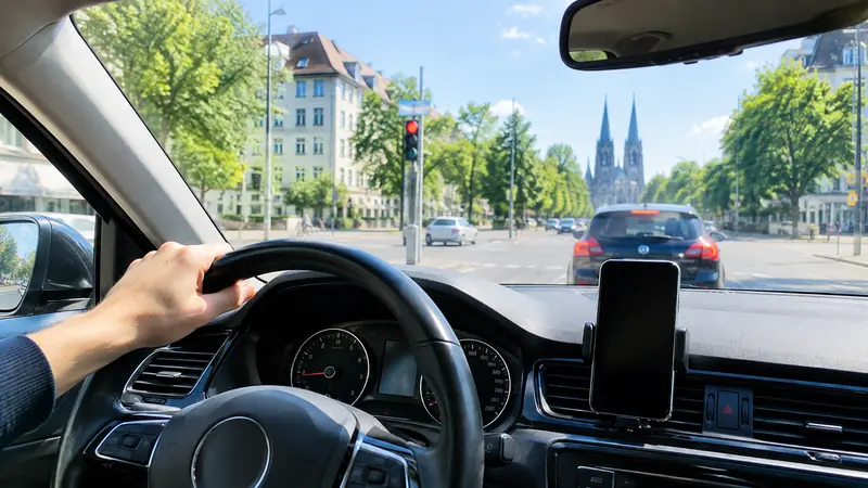 Autofahrer wartet an einer roten Ampel, das Smartphone steckt in der Halterung