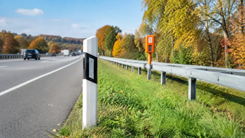Leitpfosten an der Autobahn, im Hintergrund eine orangefarbene Notrufsäule