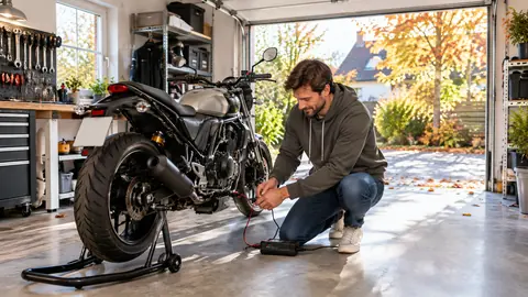 Mann schließt in einer hellen Garage ein Erhaltungsladegerät an sein aufgebocktes Motorrad an
