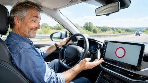 Autofahrer schaut leicht genervt lächelnd auf das Display seines Neuwagens