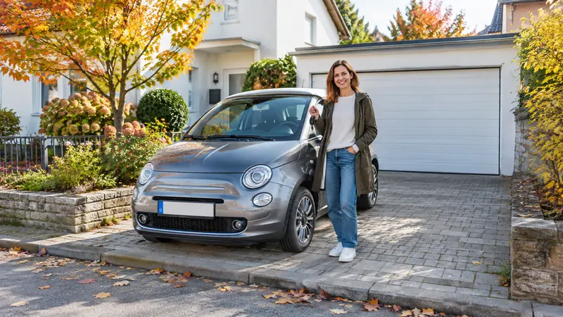 Ein Auto parkt vor einer Garageneinfahrt in einer ruhigen Wohnstraße
