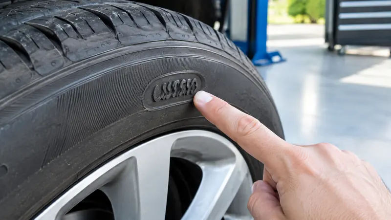 Finger zeigt auf die eingeprägte DOT-Nummer an der Flanke eines Autoreifens