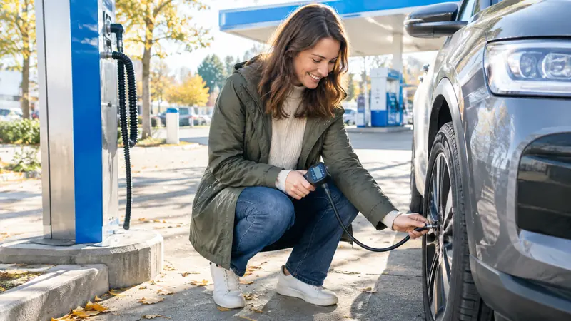 Frau prüft an der Tankstelle mit einem digitalen Messgerät den Reifendruck ihres Autos