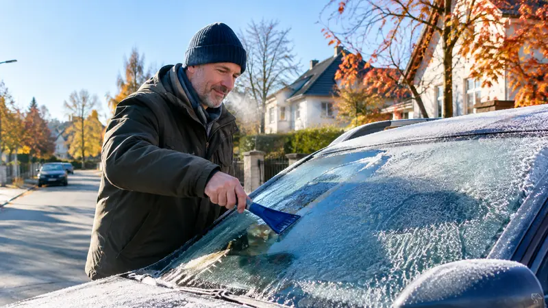 Mann kratzt an einem sonnigen Frostmorgen das Eis von der Frontscheibe seines Kombis