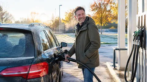 Mann tankt an einem frostigen Herbstmorgen sein Dieselauto