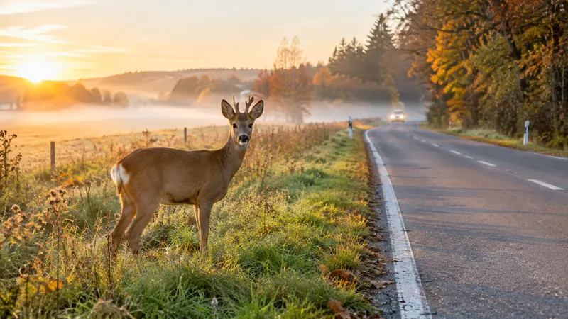 Ein Reh steht im Morgenlicht am Rand einer Landstraße, in der Ferne ein Auto